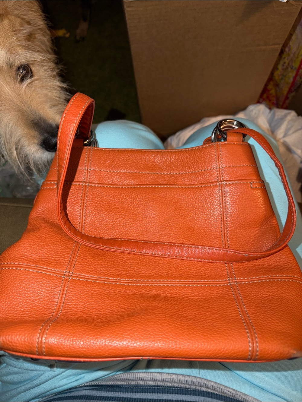 Tignanello Tangerine Orange Pebbled Leather Multi Pocket Shoulder Hobo Bag - Picture 3 of 12